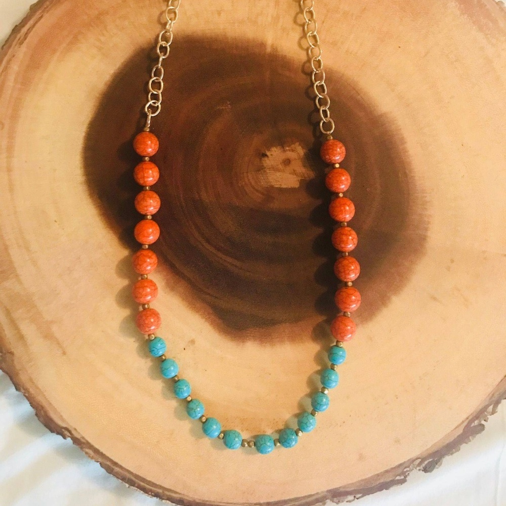 Turquoise and Orange long Beaded Necklace